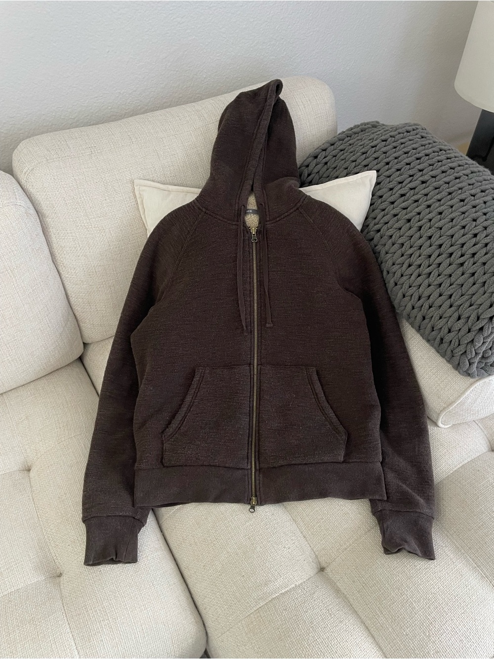 Vince Sherpa Lined Ribbed Waffle Knit Cotton Hoodie Chocolate Brown/Wheat Beige